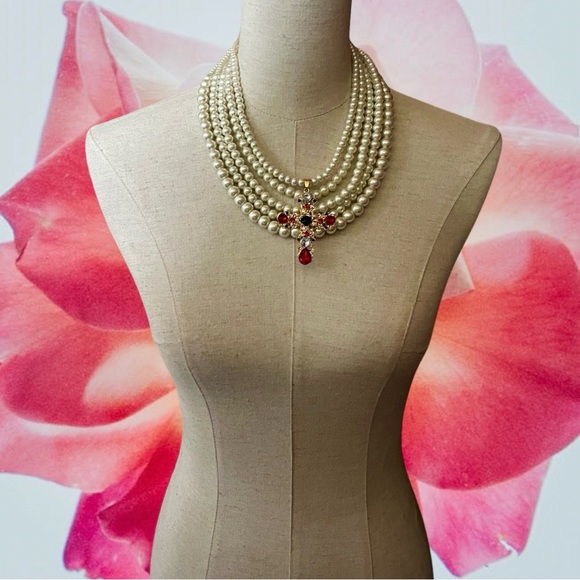 Multi Strand Crystal Ruby Cross Necklace One Of A Kind - Picture 4 of 6